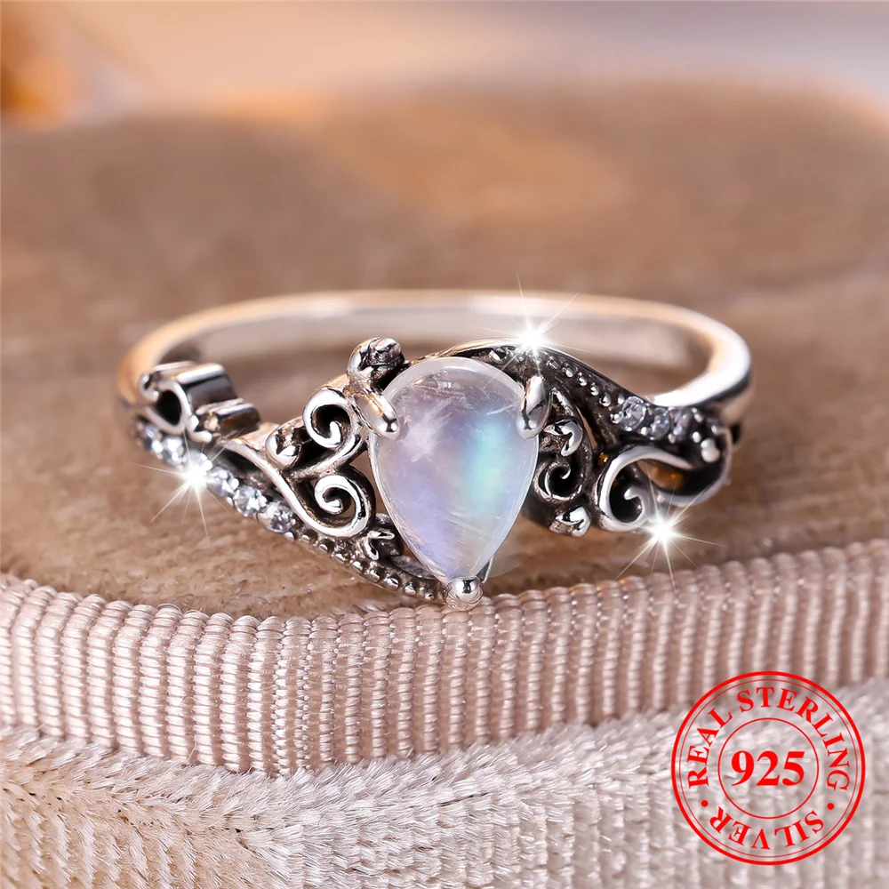 Cute Female Small Nature Moon Stone Leaf Ring Vintage Real 925 Sterling Silver Wedding Jewelry For Women