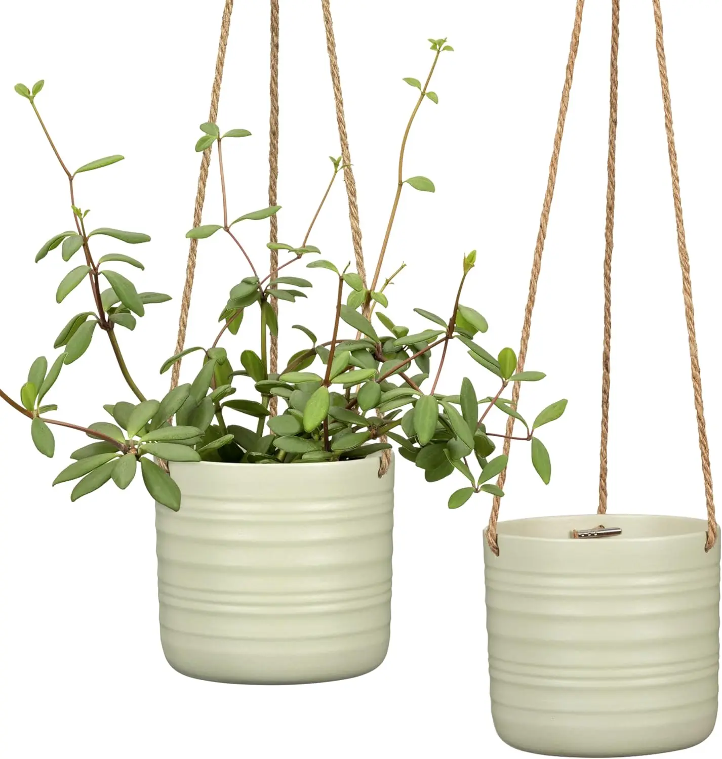 

Set of 2 Silent Green Cottage Ceramic Hanging Plant Pot 6.5" - with 22" Sisal Rope Hanger - Waterproof&Break-Resistant,