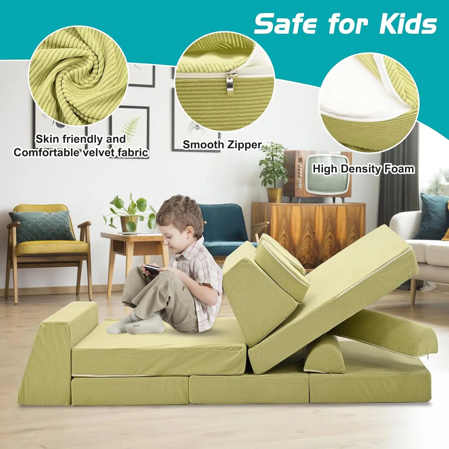 Corduroy Modular Kids Play Couch Set, 11pcs Kids Couch for Playroom and Bedroom, Soft Foam Toddler Couch, Child Sectional Conver