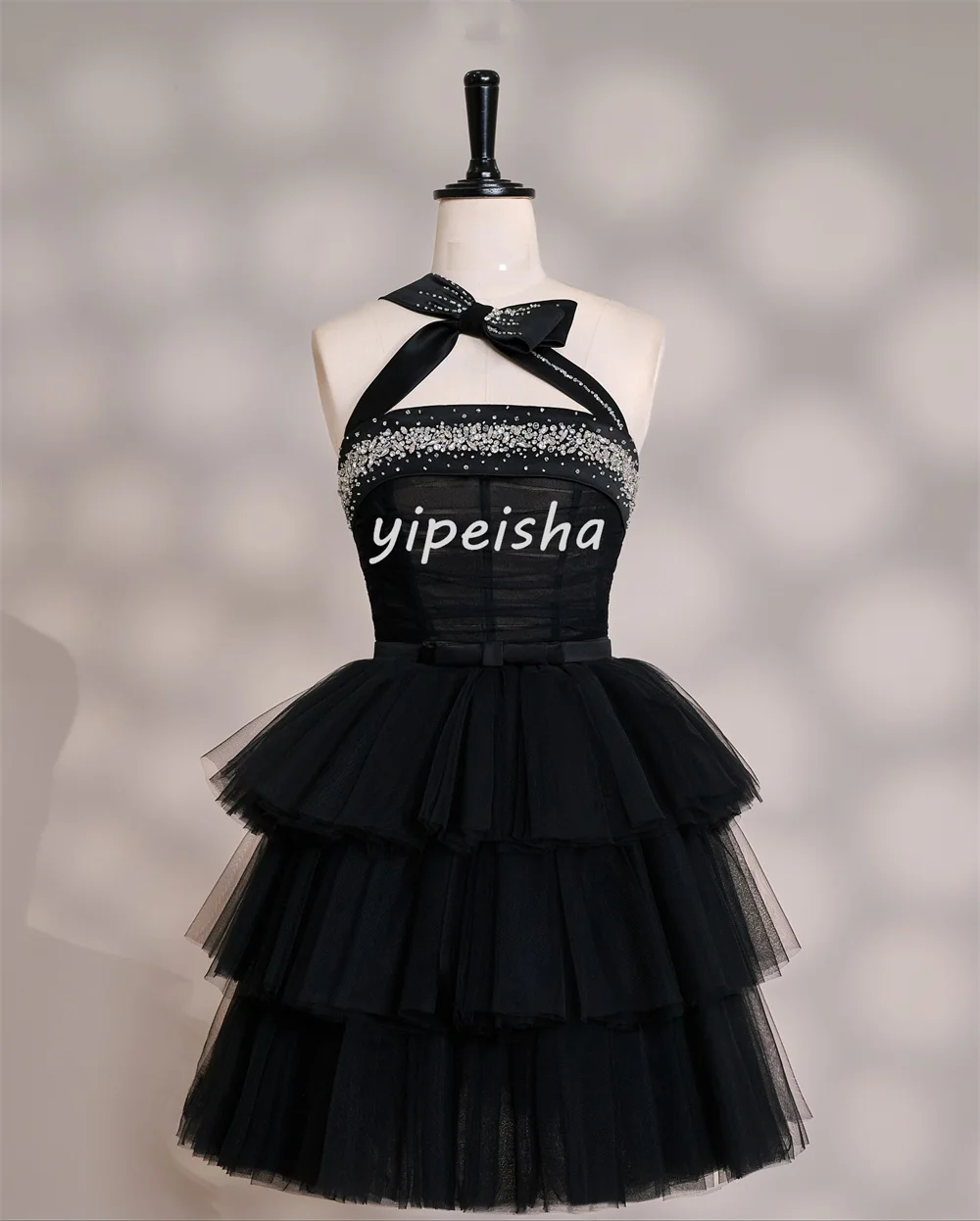 Customized Matching Intricate Tulle Tiered Rhinestone A-line One-shoulder Short Dresses Bespoke Occasion Dresses Sizes Available