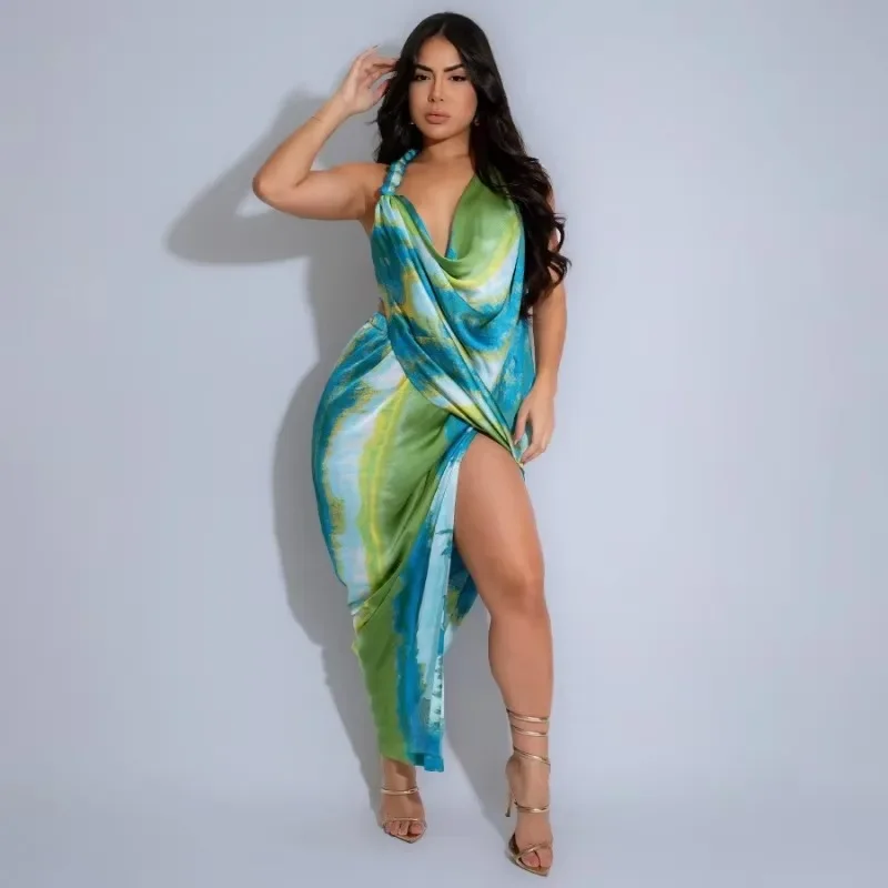 

KEXU Tie Dye Printed Women Deep V Neck Backless Draped Side High Split Dress Evening Sexy Night Party Maxi Dresses Vestidos