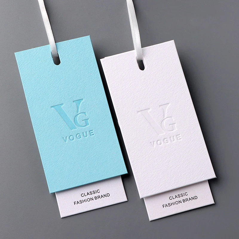 Custom 700G Colored Specialty Paper Hang Tags Embossed Debossed Logo Swing Tags for Clothing Apparel Garment Brand Label