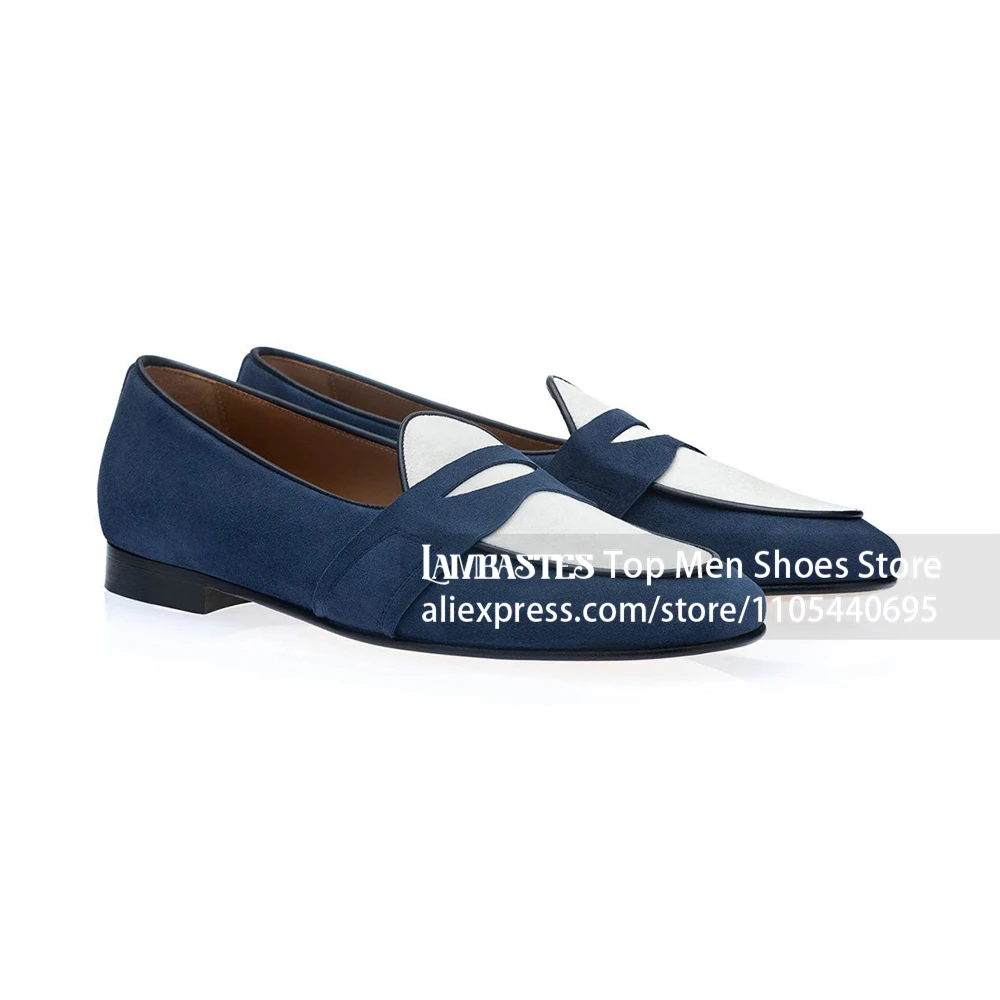 Tan Suede White Panel Penny Loafers Two Tone Color Block Slip On Dress Shoes Almond Toe Leather Trim Low Heel Loafer Men's Shoes