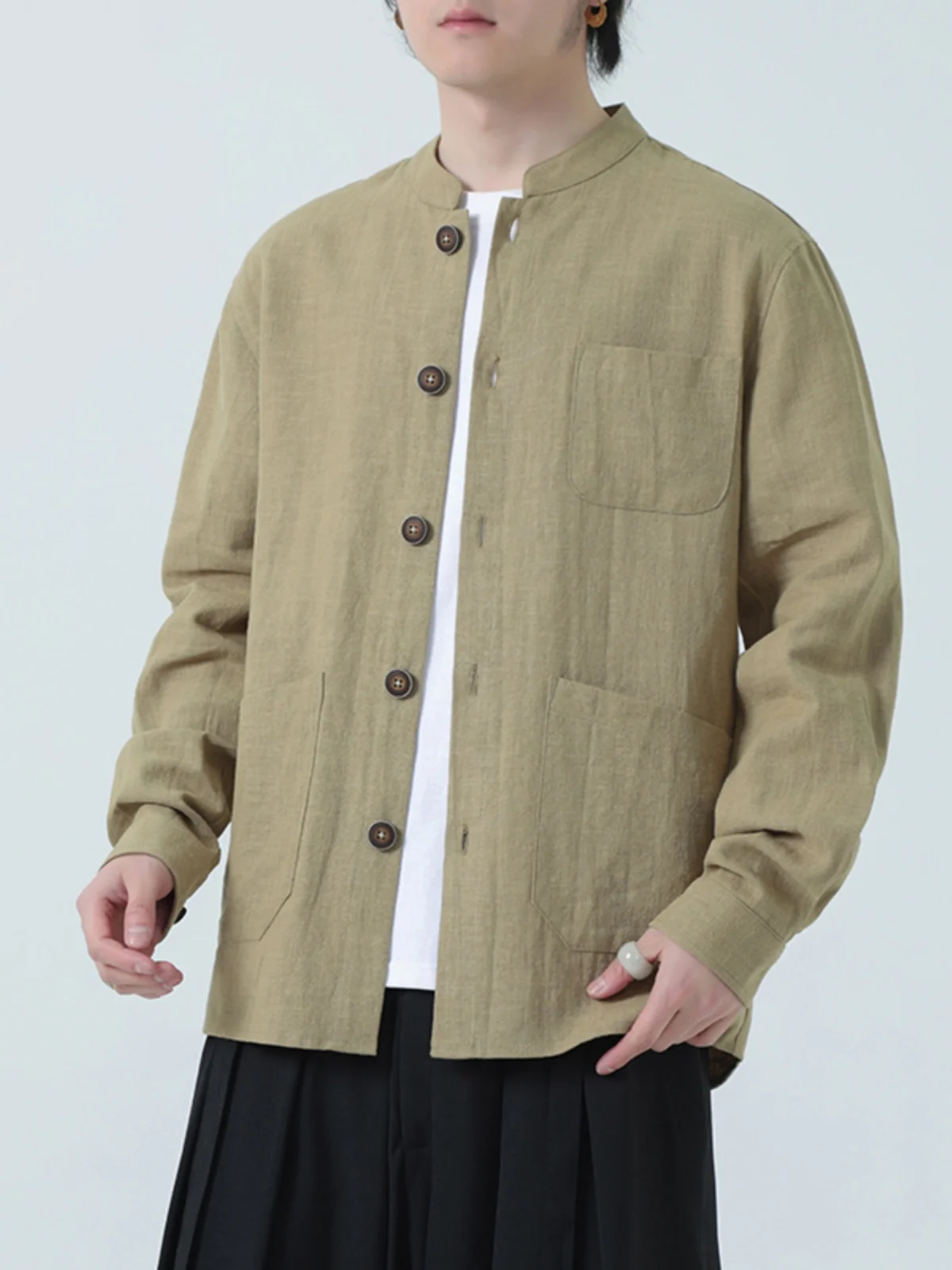 

Casual Cotton Linen Shirt Men's Long Sleeve High-End New Chinese Style Hanfu Outerwear Breathable Spring Youth Fashion