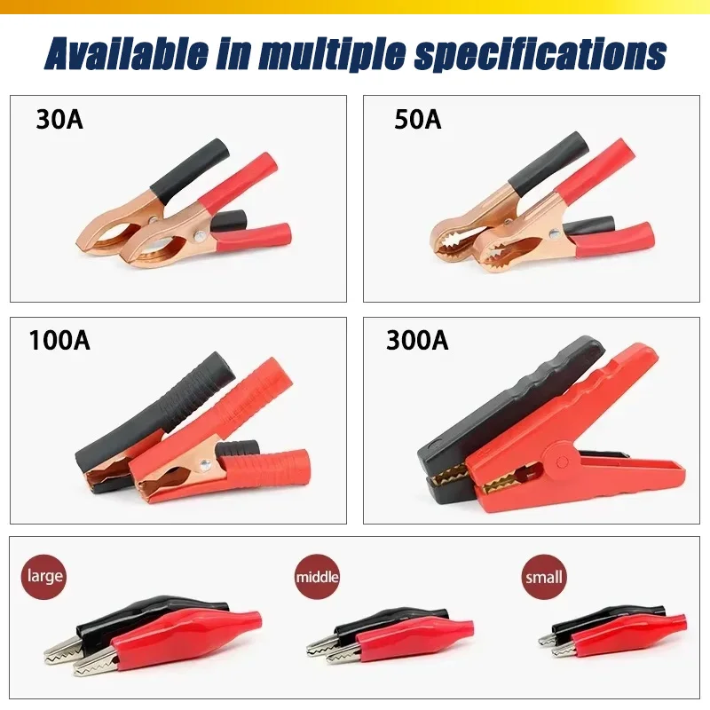 Crocodile Clip Set Black Red 30A-300A 28/35/45mm Electrical Clamps Test Probe Meter Plastic Alligator Test Clips