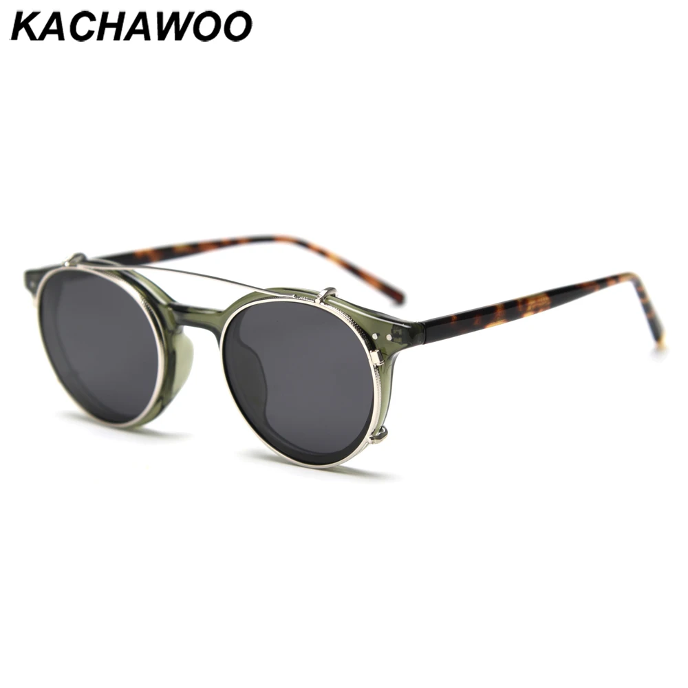 

Kachawoo male polarized clip on sunglasses TR90 frame black green leopard retro oval eyeglasses female uv400 removable lens