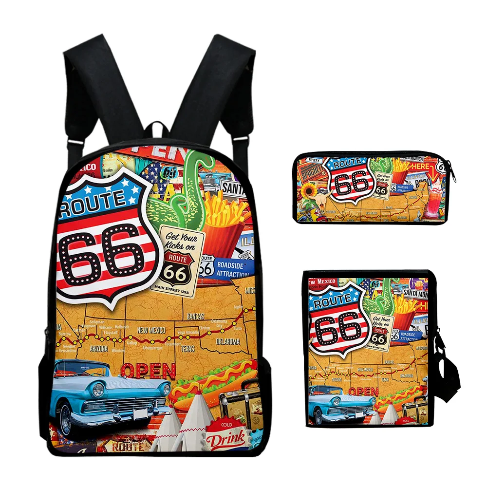 Hip Hop Youthful Funny route 66 3D Print 3pcs/Set Student Travel bags Laptop Daypack Backpack Shoulder Bag Pencil Case