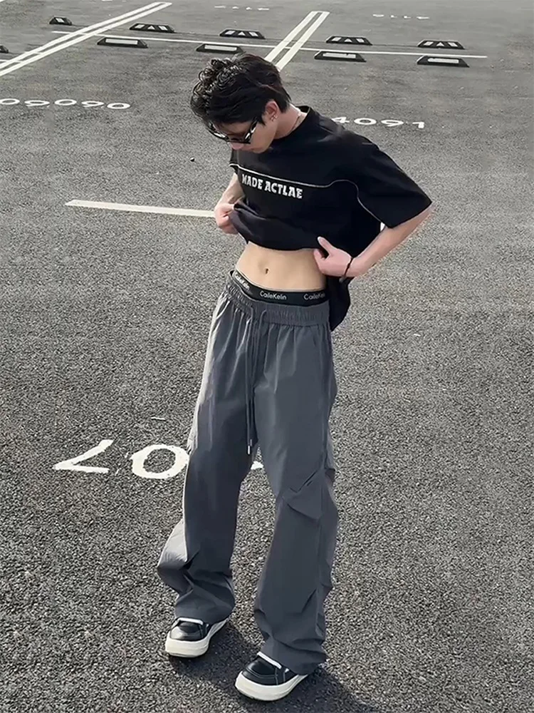 

Мужские летние плиссированные брюки Qui Dry Ice Silk с тонкими прямыми штанинами для десантника, рабочая одежда с высокой талией и широкими штанинами...