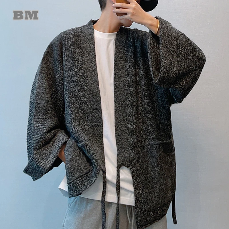 Japanese Streetwear Oversize Cardigan For Men Clothing Harajuku Casual Drop Shoulder Knitted Sweater Hip Hop Loose Coat Male