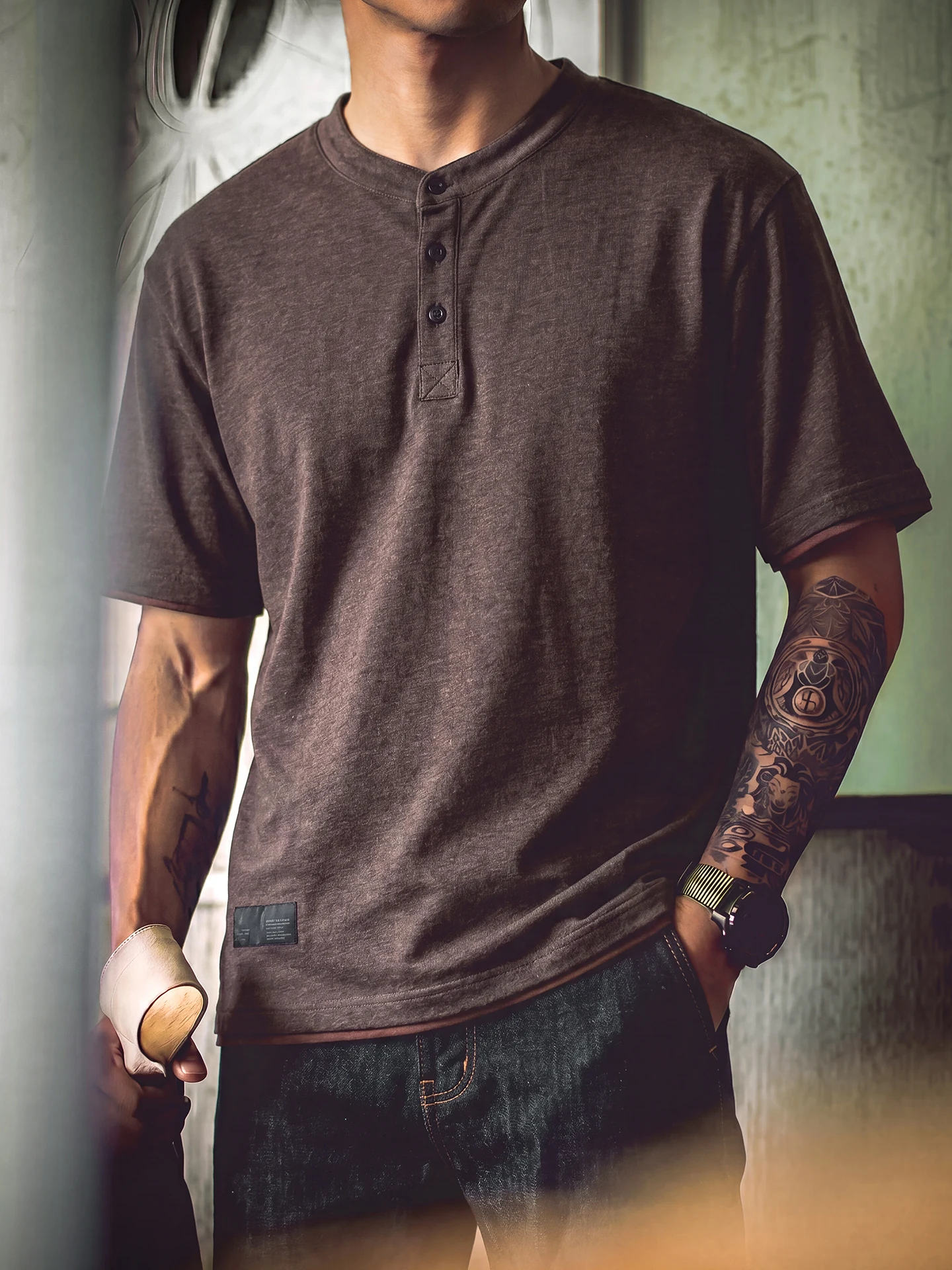 Loose Fit Cotton Henry Collar Short Sleeve T-Shirt Men's American Retro Style Summer Casual Top Breathable Moisture Wicking