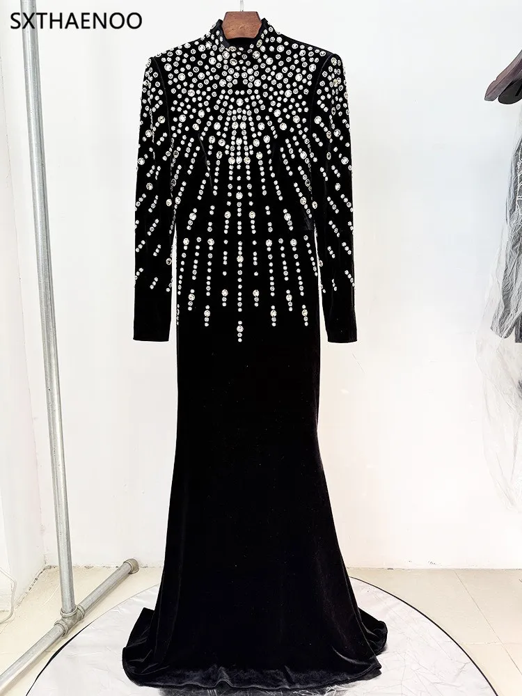 SXTHAENOO 2025 vestido de noche adornado negro de manga larga para mujer elegante vestido de fiesta de graduación de sirena con cuentas y cuello simulado