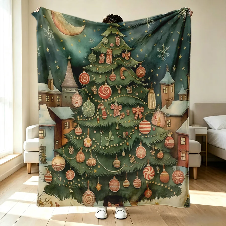 Vintage Christmas Tree Cardinals Flannel Throw Blanket, Winter Landscape 2D Flat Single-Sided Printed Holiday Blanket