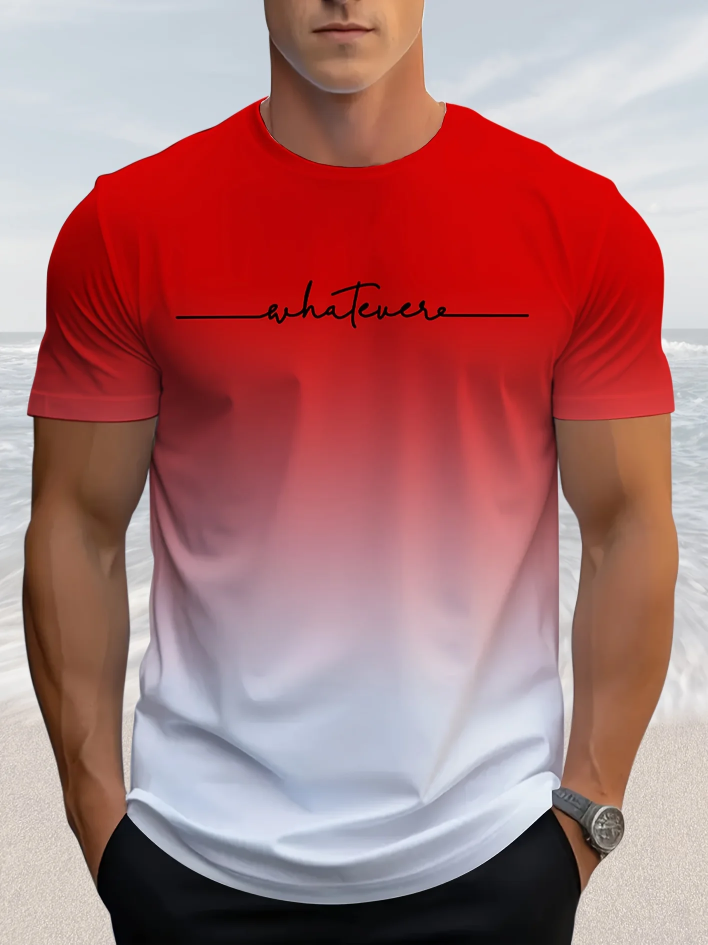Men Trendy Gradient Graphic Tee Shirt, Blue White Fade Whatever Cursive Print Short Sleeve Crew Neck Everyday T-Shirt