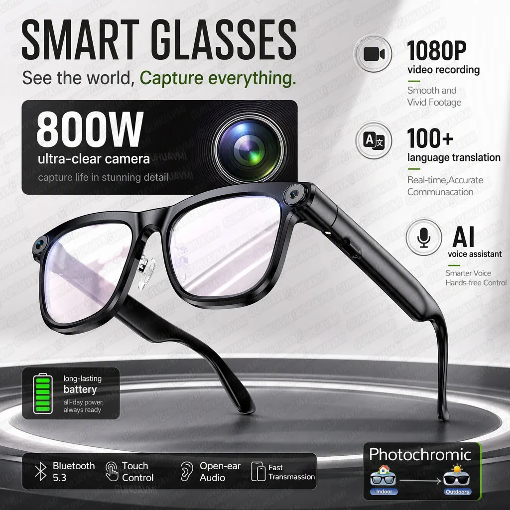 Nouvelles lunettes intelligentes Top1 avec caméra 8MP, vidéo 4K, traduction en temps réel, assistant IA, haut-parleurs à oreille ouverte, lunettes pour appels mains libres