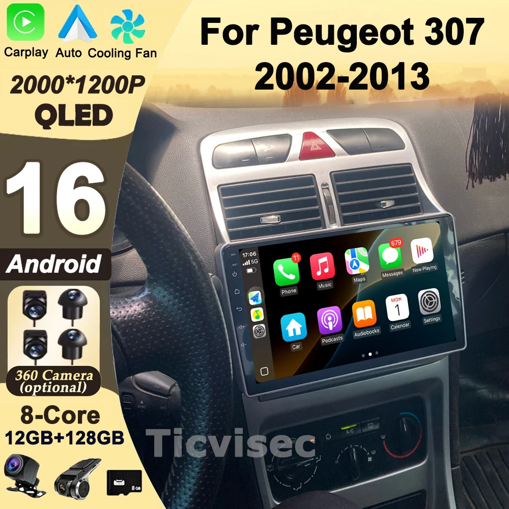 6G 128G 8 Core CAMECHO Android 13 Autoradio für Peugeot 307 2002-2013 mit Carplay Android Auto, 9 Zoll IPS Auto Touch Bildschrim mit Bluetooth FM/RDS EQ DSP GPS Navi WiFi Rückfahrkamera&MIC