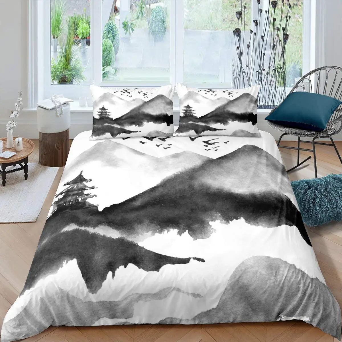 Ink Painting Duvet Cover Set Microfiber Abstract Natural Chinese Style Bedding Set Soft Landscape Theme 2/3 Pcs Comforter Cover