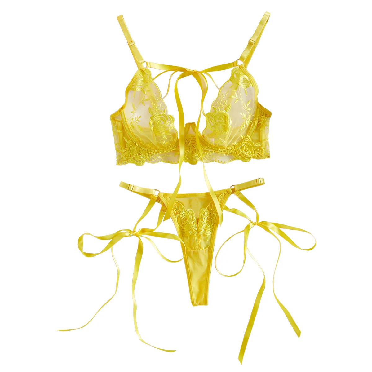 Fashion new yellow flower embroidery splicing perspective mesh sexy straps sexy underwear set sexy costume lingerie body suit