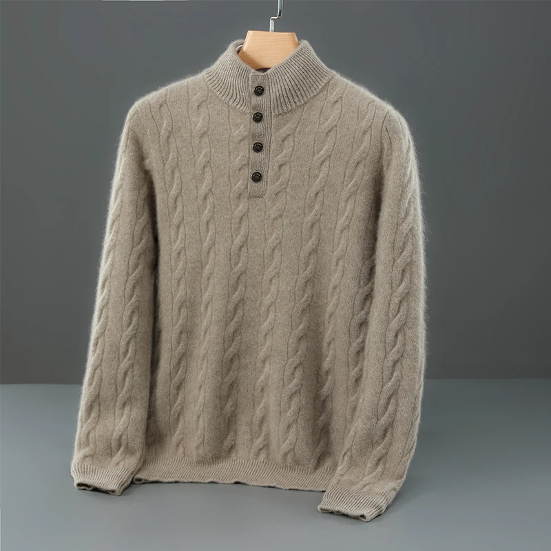 

New Autumn and Winter Men's Thick High Neck Pullover 100% Merino Wool Knitted Sweater Casual Loose Twisted Flower Men's Clothing