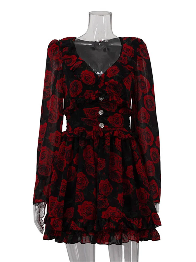 Tossy プリント V ネックパッチワークミニドレス女性フリル長袖ハイウエストファッション通勤パーティードレス女性コントラストドレス