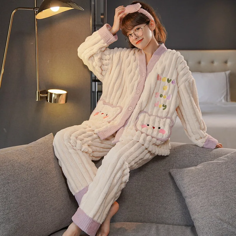 

2023 Kimono Style Pajamas Set Women Autumn Winter Coral Velvet V-neck Cardigan Warm Coat + Stripe Pants 2Pcs Sweet Girl Homewear