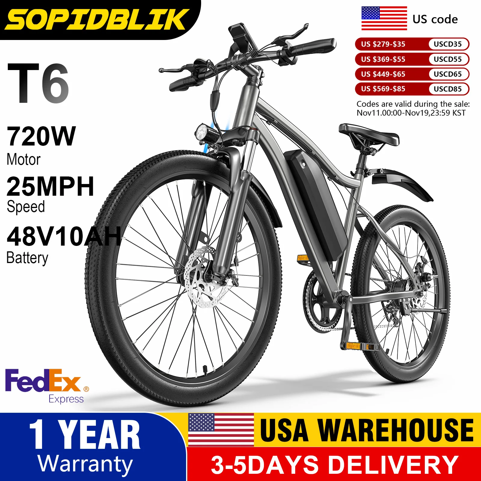 

SOPIDBLIK 720W Adult Electric Bike, 26inch E bike, 48V10AH Battery Pack, MAX Speed 25MPH, Electric Mountain Bike,Ebike UL2849