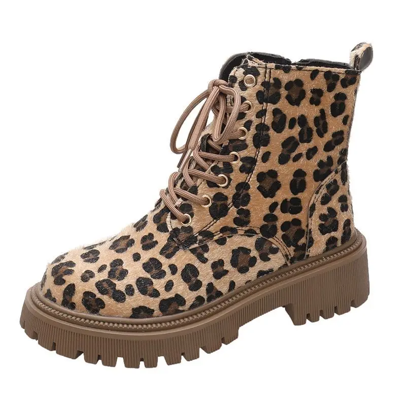 

Leopard Print Boots Spring Autumn Women Thick Bottom Boots Fashion Girls Motorcycle Riding Boots Student Fashion Casual Shoes