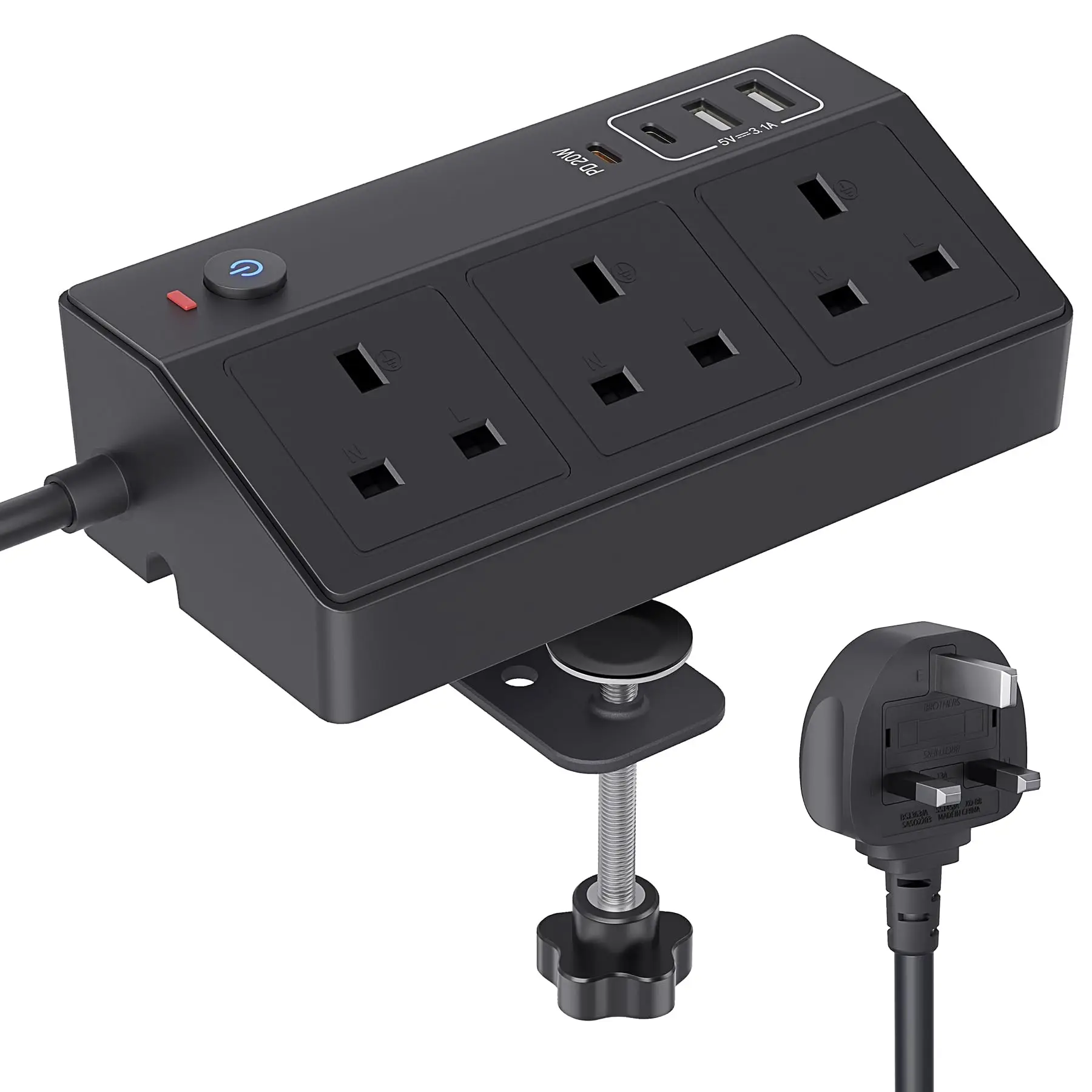 

Настольная розетка 7-в-1 с фиксированным кронштейном, 3AC+2USB-C (20 Вт) + 2USB-A интерфейс быстрой зарядки, удлинительный кабель длиной 2 метра
