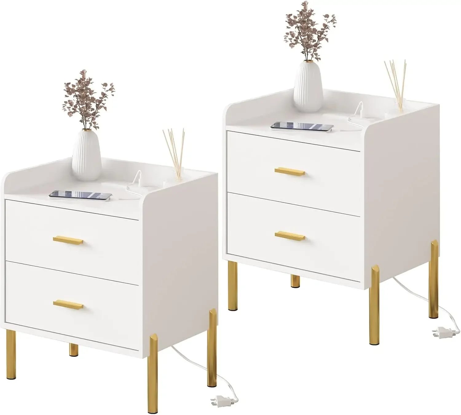 White Nightstand Set of 2,Mid Century Modern End Table with Charging Station,Farmhouse Storage Night Stand Bedside with 2 Drawer
