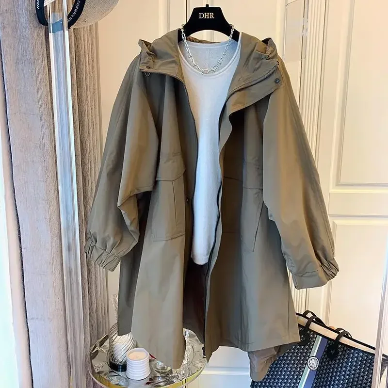 

Wind coat jacket for women 2025 Spring and Autumn versatile loose casual double pocket splicing hooded mid length