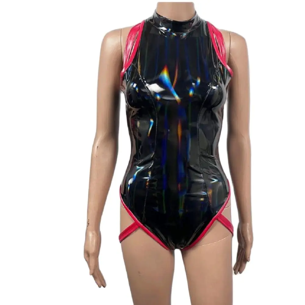 

Women One-Piece Vest Stereo-Splice Chest Jumpsuit Dazzle Colour PVC Faux Leather Cosplay Bodysuit Sexy Underwear T Crotch Design