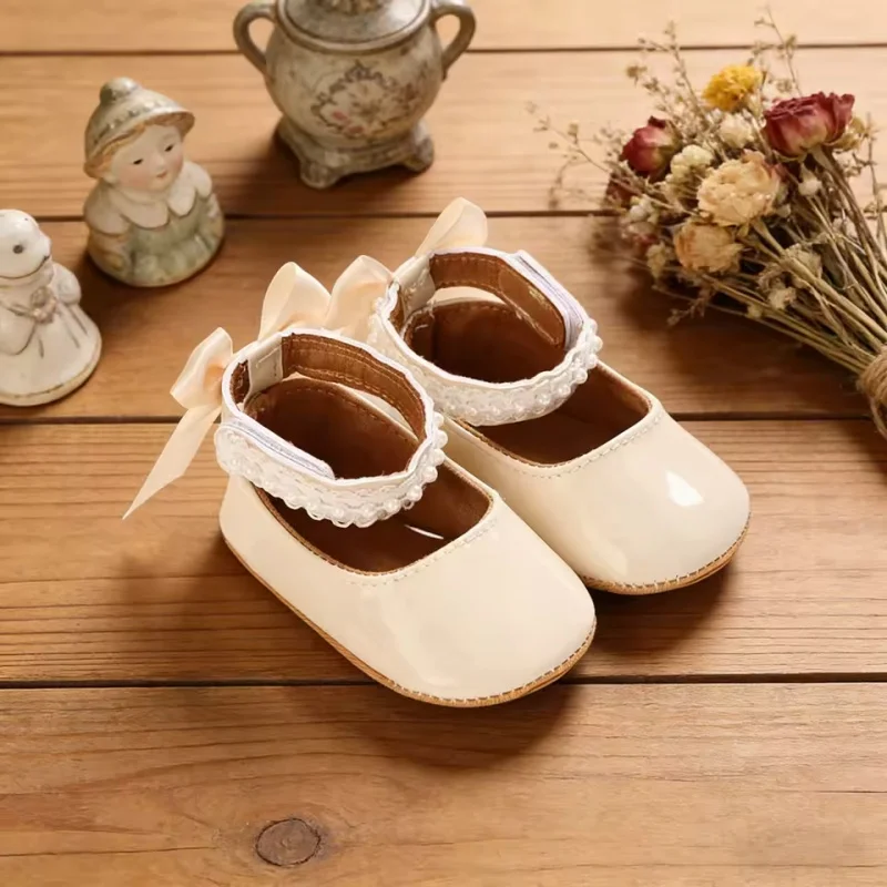 

0-18M Baby Girl Mary Jane Shoes, Lace & Bow Decor, Infant Soft Sole Pre-Walker Shoes for Daily Wear