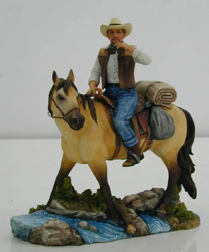 Western Cowboy on Horseback with Binoculars Resin Figurine Hand Painted American Cowboy Statue Wild West Explorer Sculpture Gift