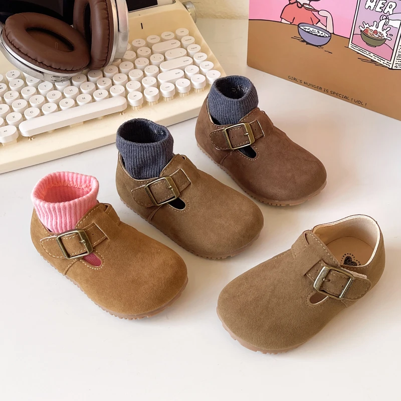 Toddler Kids Casual Shoes Brown Gray Buckle Soft Children Flat Shoes Unisex 21-30 Spring Leisure Flexiable Little Baby\'s Shoe