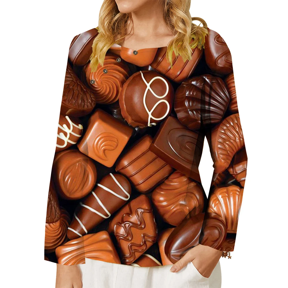 CLOOCL Women Clothing Brown Blouse Long Sleeve Tops Chocolates Print Button Tee Harajuku Streetwear Casual Oversized T-shirt