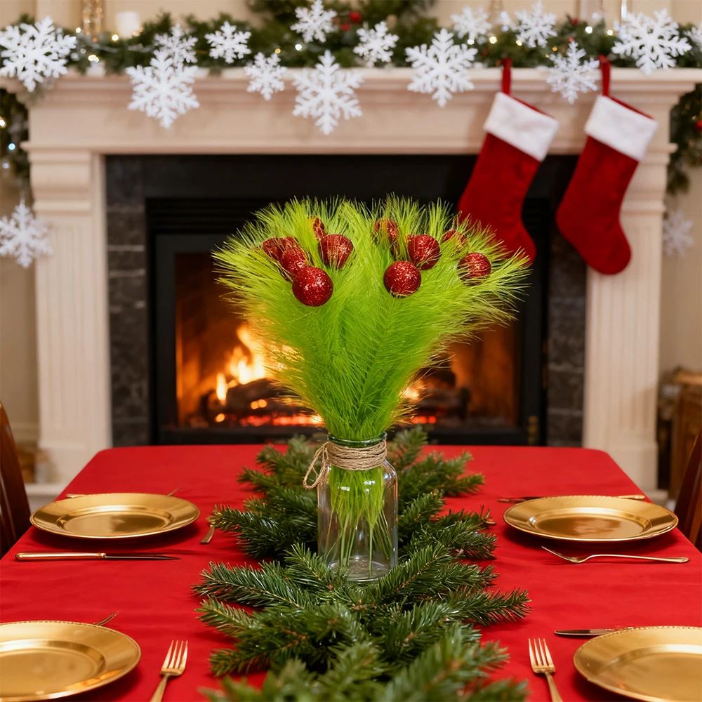 3/12PC Weihnachtssprays für den Baumspitzen-Dekor, Limettengrün, lockig mit roter Kugel, künstliche Pampasgras-Stiele für Weihnachtsbaum-Dekorationen und Heimdekoration – Detail 1