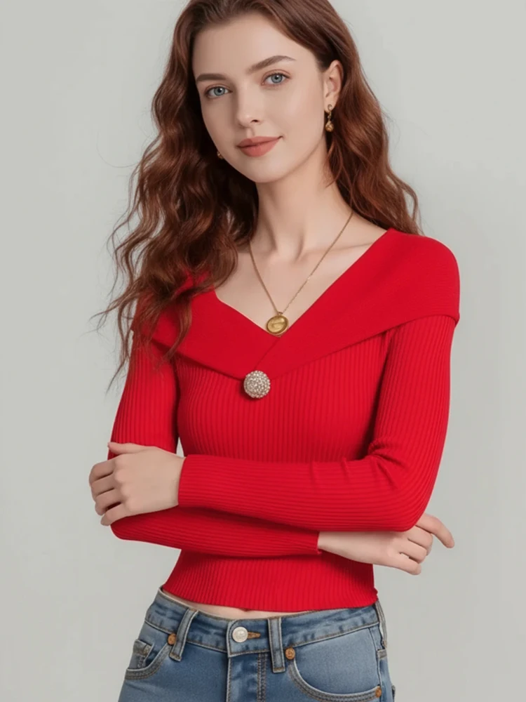 Elegant Long Sleeve Pullover V-neck Sweater Women New Fashion Knitted Slim Fit Fall Jumper Casual Solid Color Knitwear Short Top