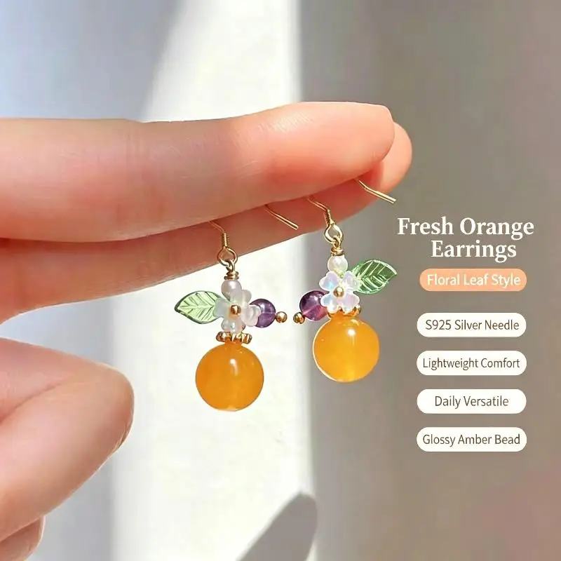 Cute Orange Shaped Dangle Earrings Handmade Flower Leaf: Decor Bead For Women Daily Wear Party Dating