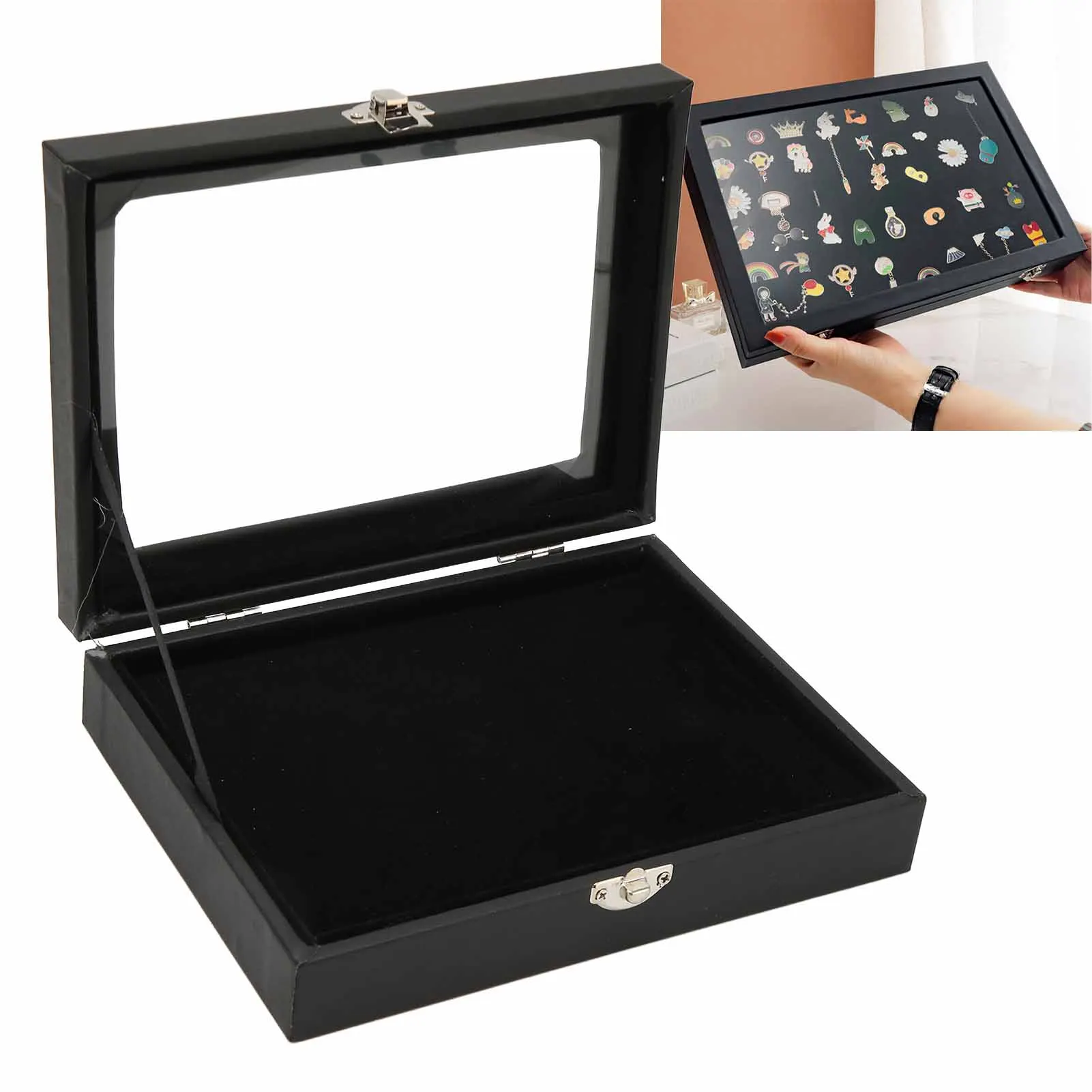 

Dustproof Pin Display Case with Lock Buckle & Transparent Glass Lid for Badge Military Medal Jewelry