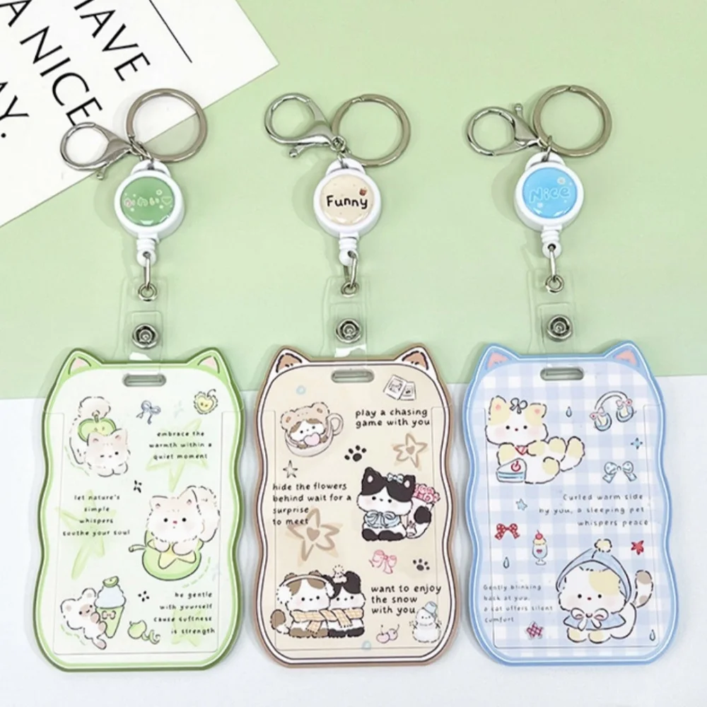 Sarung Kartu Bus Geser dengan Penutup Telinga Kucing, Tempat Kartu Portabel Gantungan Kunci, Sarung Foto Lucu, Tempat Kartu Identitas Pelajar untuk Siswa