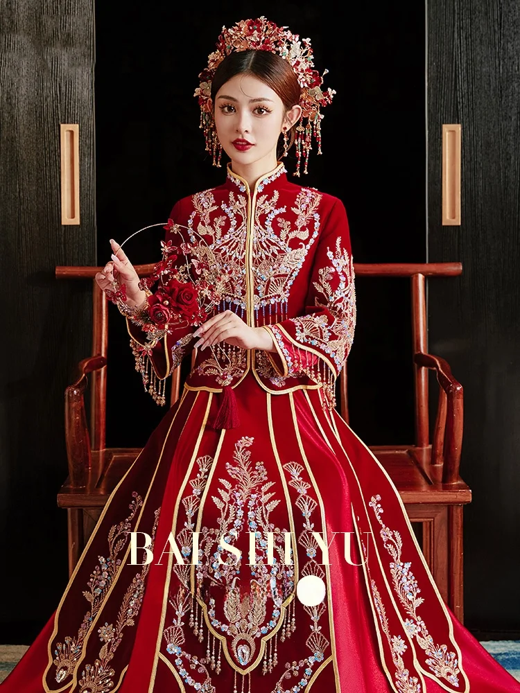 

Bosiy Heavyweight Velvet Wedding Dr Chinese Sle Dragon And Phoenix Gown Long Sve Embroidered Polyester Fabric