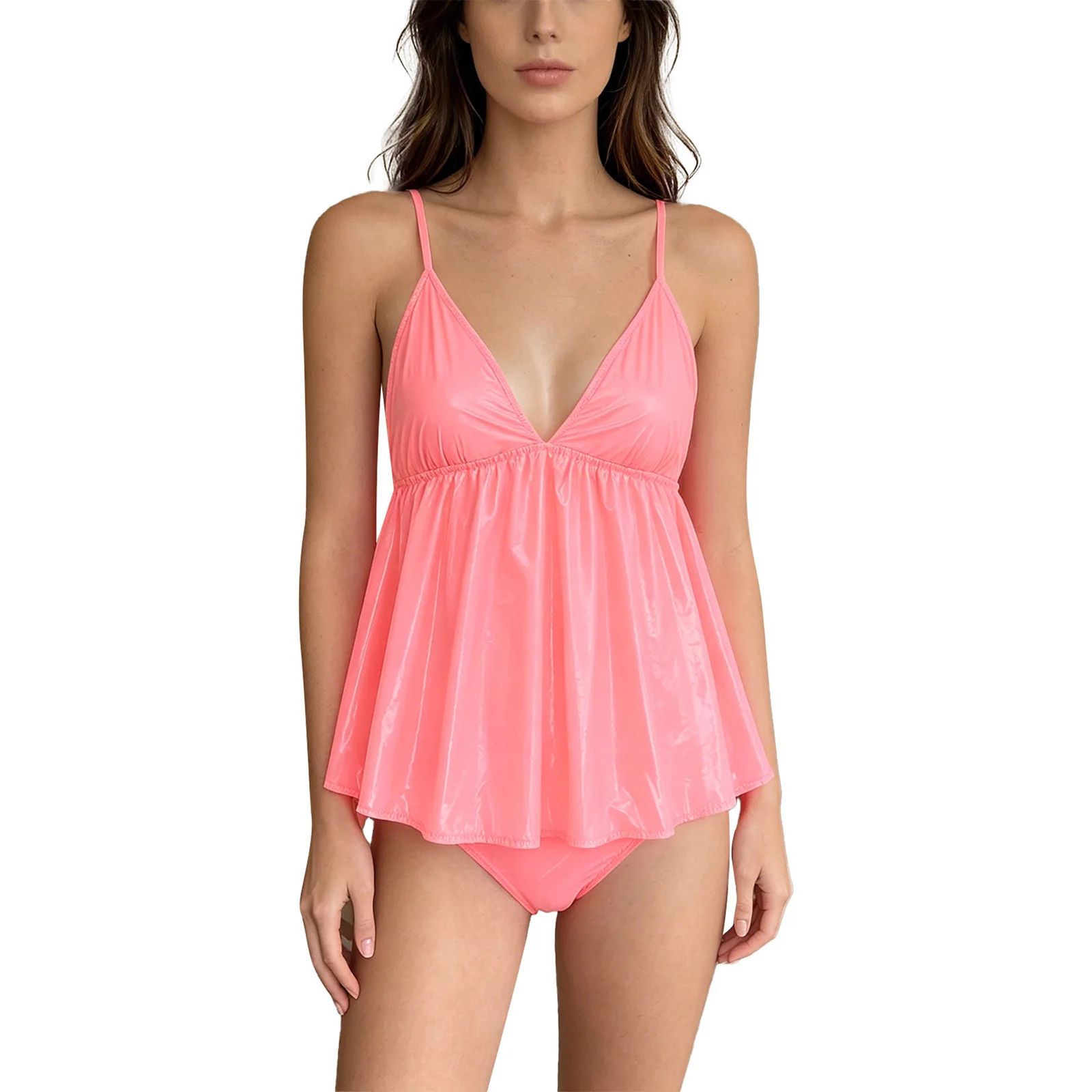 Womens Vinyl Wet Look Chemise Sleepwear Waterproof Spaghetti Straps Deep V Neck Backless Ruffled Babydoll Teddy Dress Nightwear