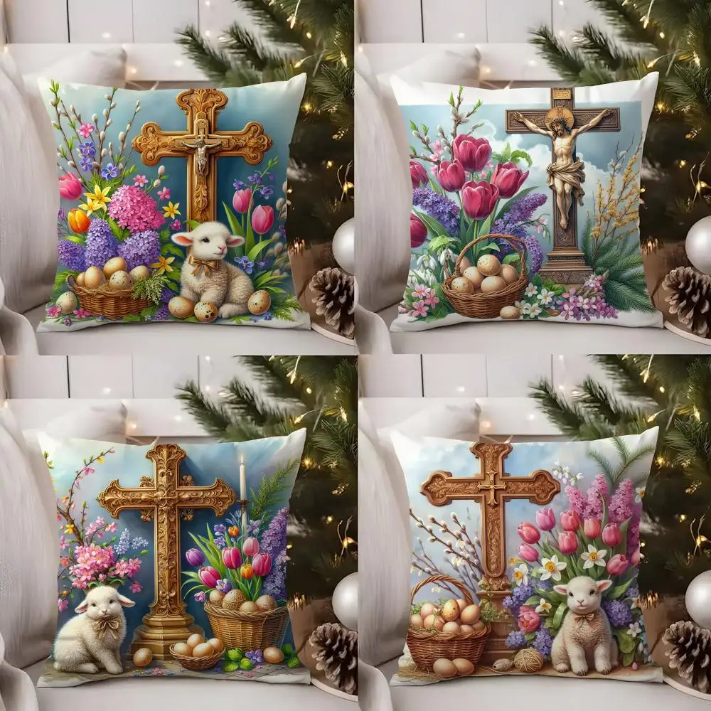 

Easter Cross Christ Cushion Cover Short Plush Double-sided Print Square Throw Pillow Covers Sofa Home Cushion Decor
