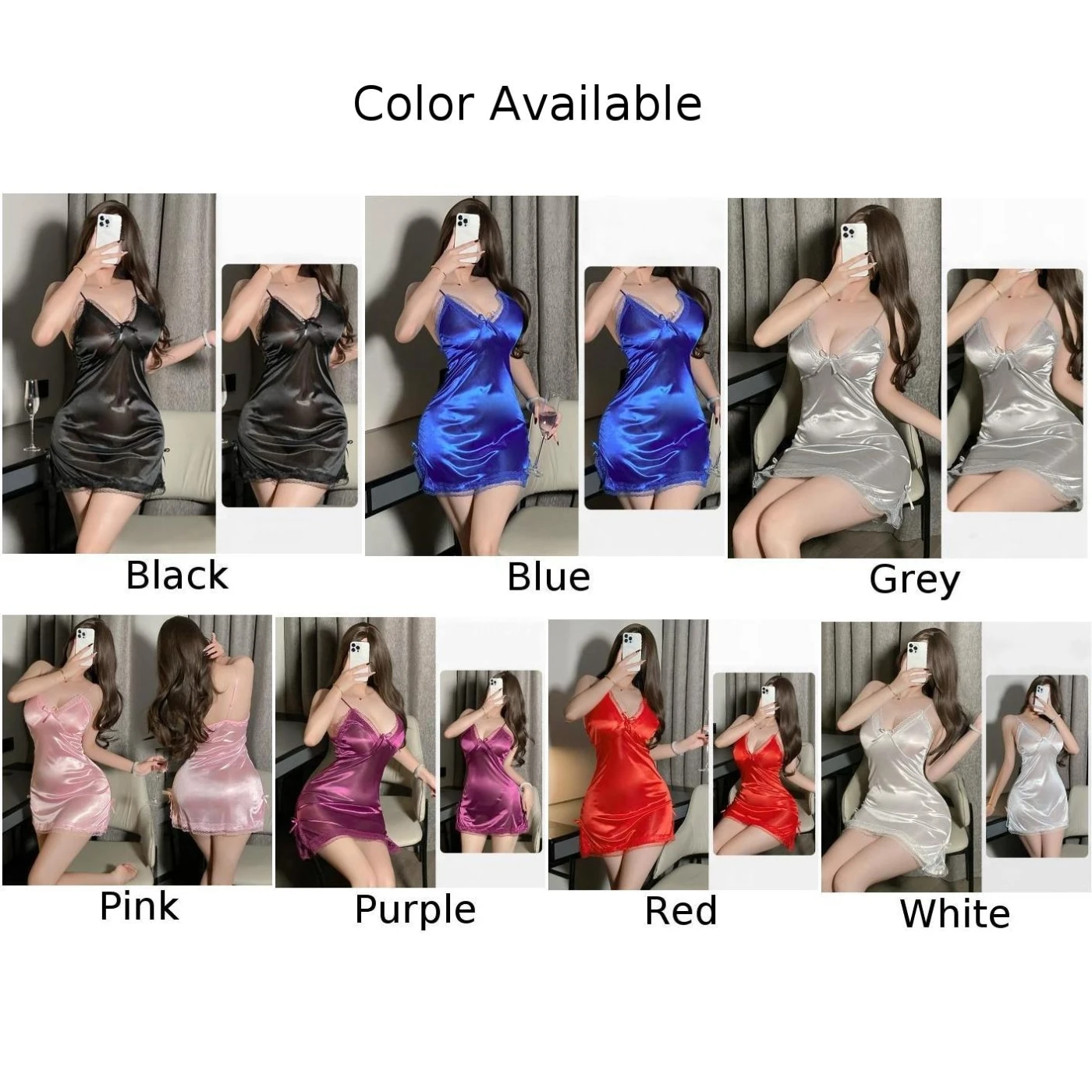 Sexy Lingerie Women's Satin Camisole Nightgown Thong Sleepwear Lace Slit Bowknot Underwear Ultra-Thin Summer Pajamas Night Dress image 6