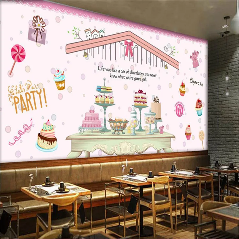 Modern Hand-painted Cute Pink Cupcakes Dessert Industrial Decor Mural Wallpaper 3D Baking Cake Shop Background Wall Paper 3D