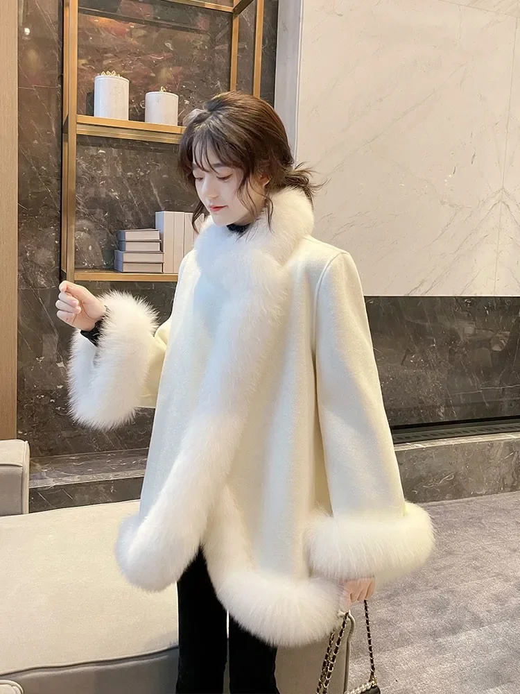 Winter Women\'s Fake Fox Fur Coat Wool Cloak Cashmere Warm Jacket Detachable Collar Open Stitch Thickening Female Coat T666