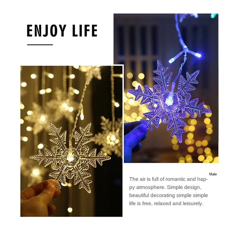 Snowflake LED Curtain String Lights, Decorações de Natal, Iluminação de Ondas, Ano Novo, Interior e Exterior, Casa e Feriado