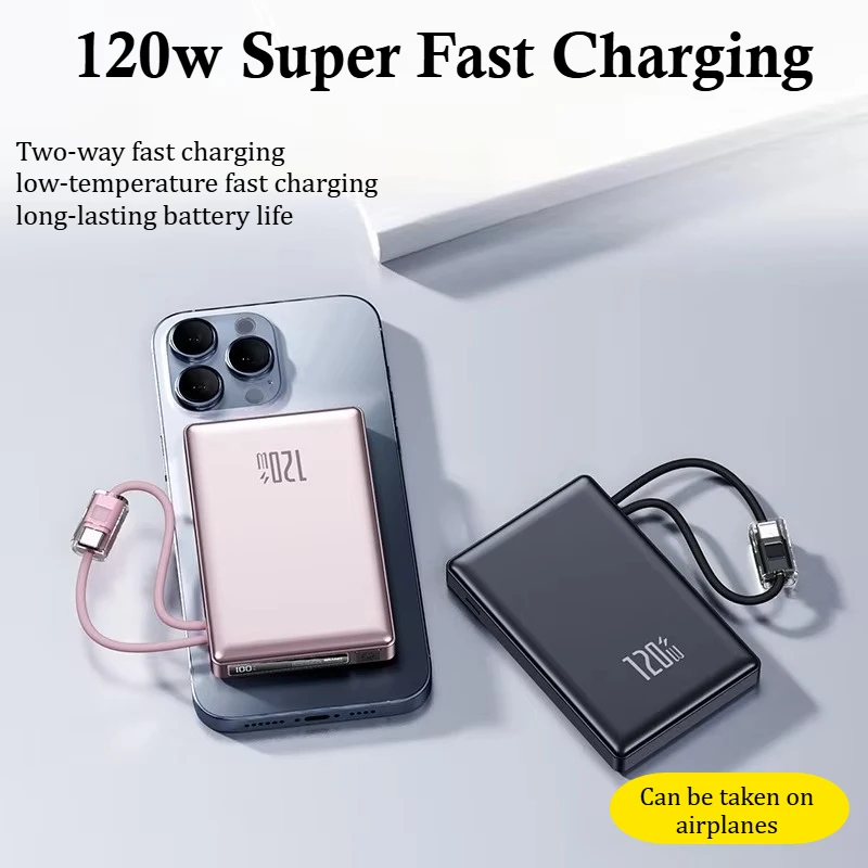 20000mAh Power Bank 120W Built-In Dual USB-C Lightning Cable Thinner Fast Charging for IPhone 17 Samsung S25 Xiaomi Poco