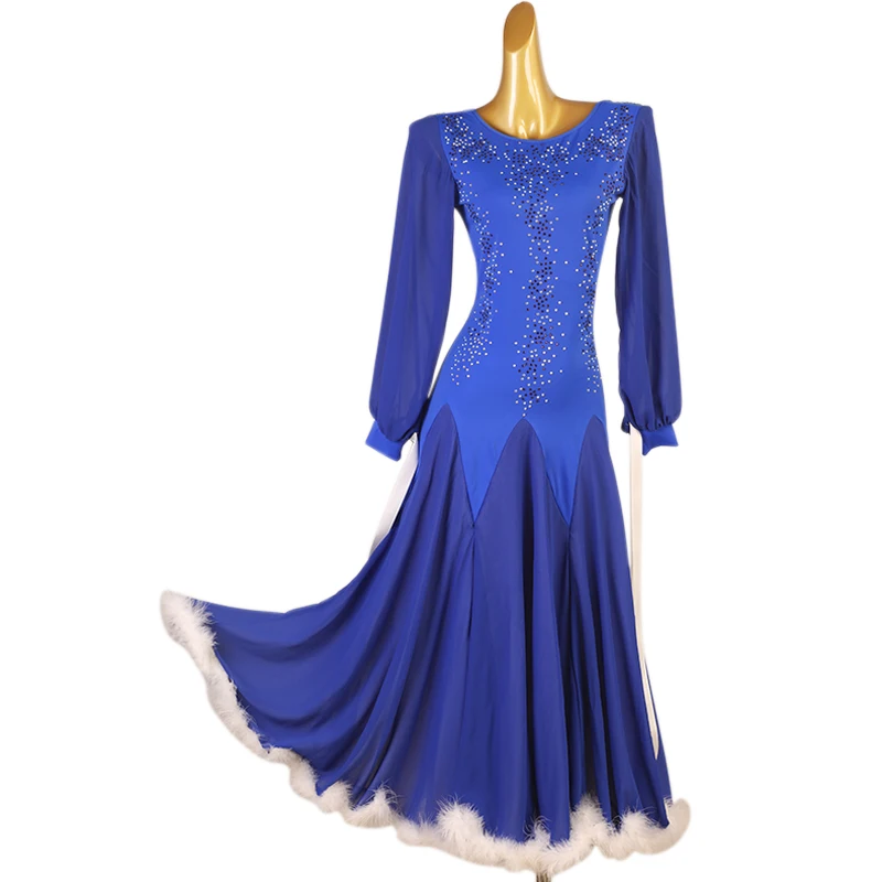 

Waltz Competition Dress Dark Blue Feathers Dance Dress Ballroom Dance Clothes Rhinestones Streamers 2024 Dresses Feather Women's