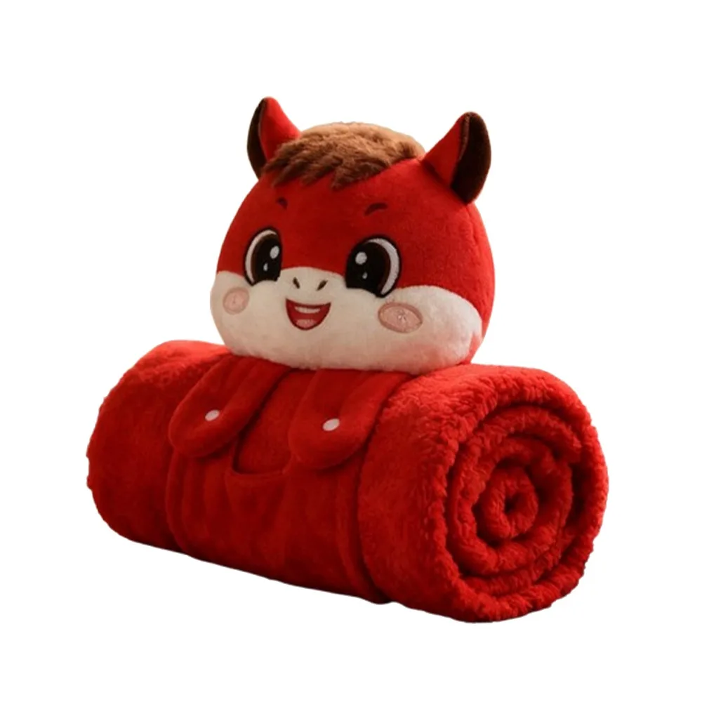 Universal Soft Warm Horse Mascot Plush Blanket Fluffy Throw Comfortable Flannel Blanket Folding Cartoon Mascot Doll Office