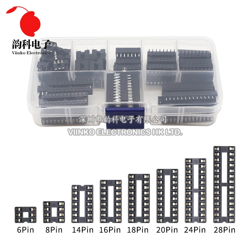 66PCS/lot with Box DIP IC Sockets Adaptor Solder Type Socket Kit 6 8 14 16 18 20 24 28 Pin DIP-6 DIP-8 DIP-14 IC Connector